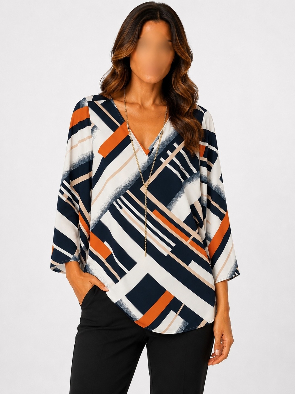 le château Geometric V-Neck Blouse in Navy, White & Orange